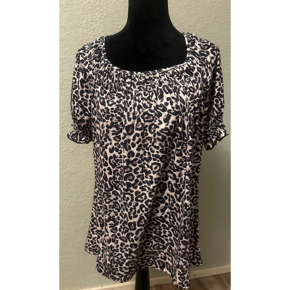 Wiholl Women Leopard Print Puff Sleeve Blouse Tan Black Smocked Cuff Top Large